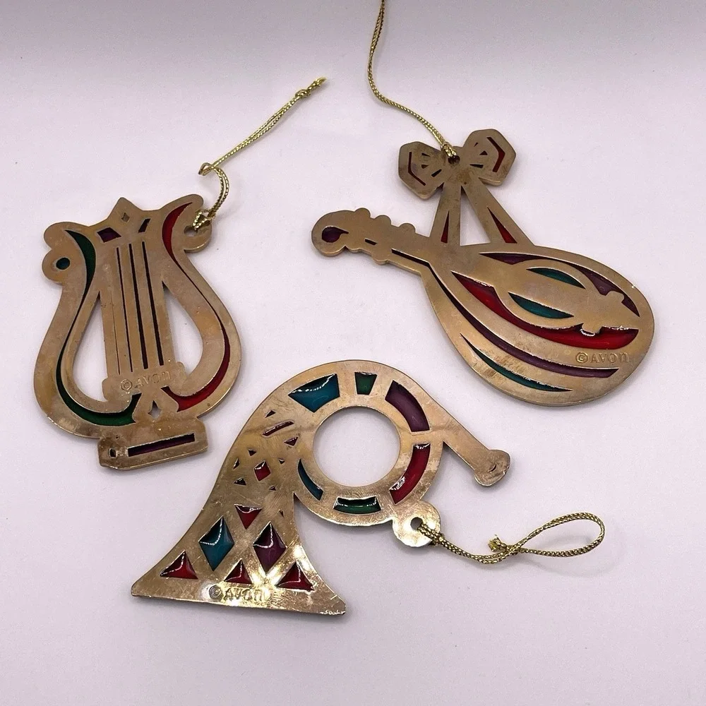 Avon Vintage Stained Glass Musical Instrument Christmas Ornaments Set of‎ 3